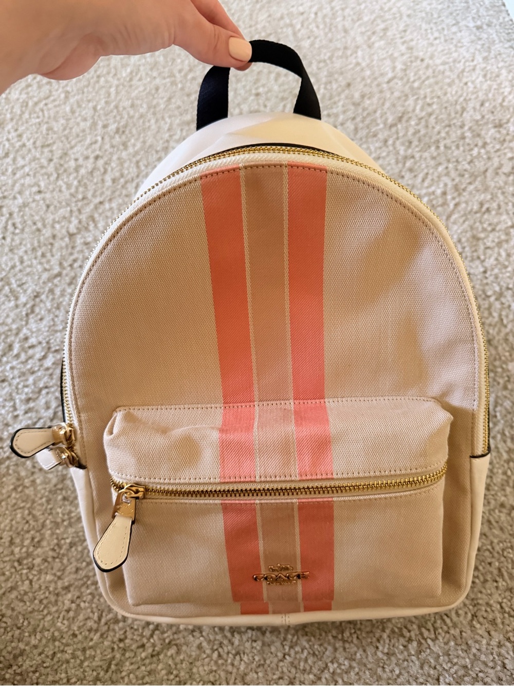 Coach Beige Canvas Backpack with Pink Stripe Accents